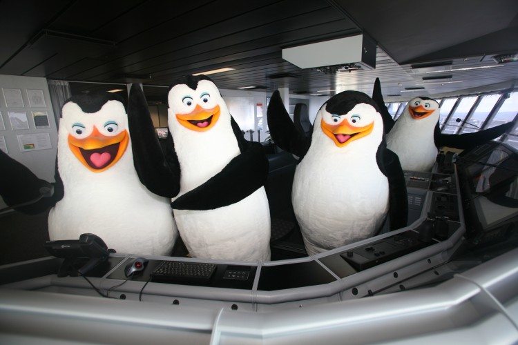 Launch of Royal Caribbean International's newest ship Allure of the Seas. Dreamworks' Penguin characters on the ship's bridge.