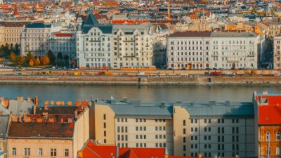 drone shot of budapest