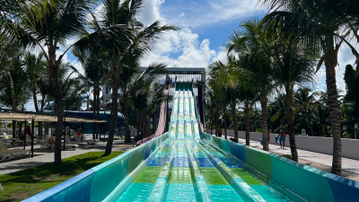 a waterpark surrounded with palm trees