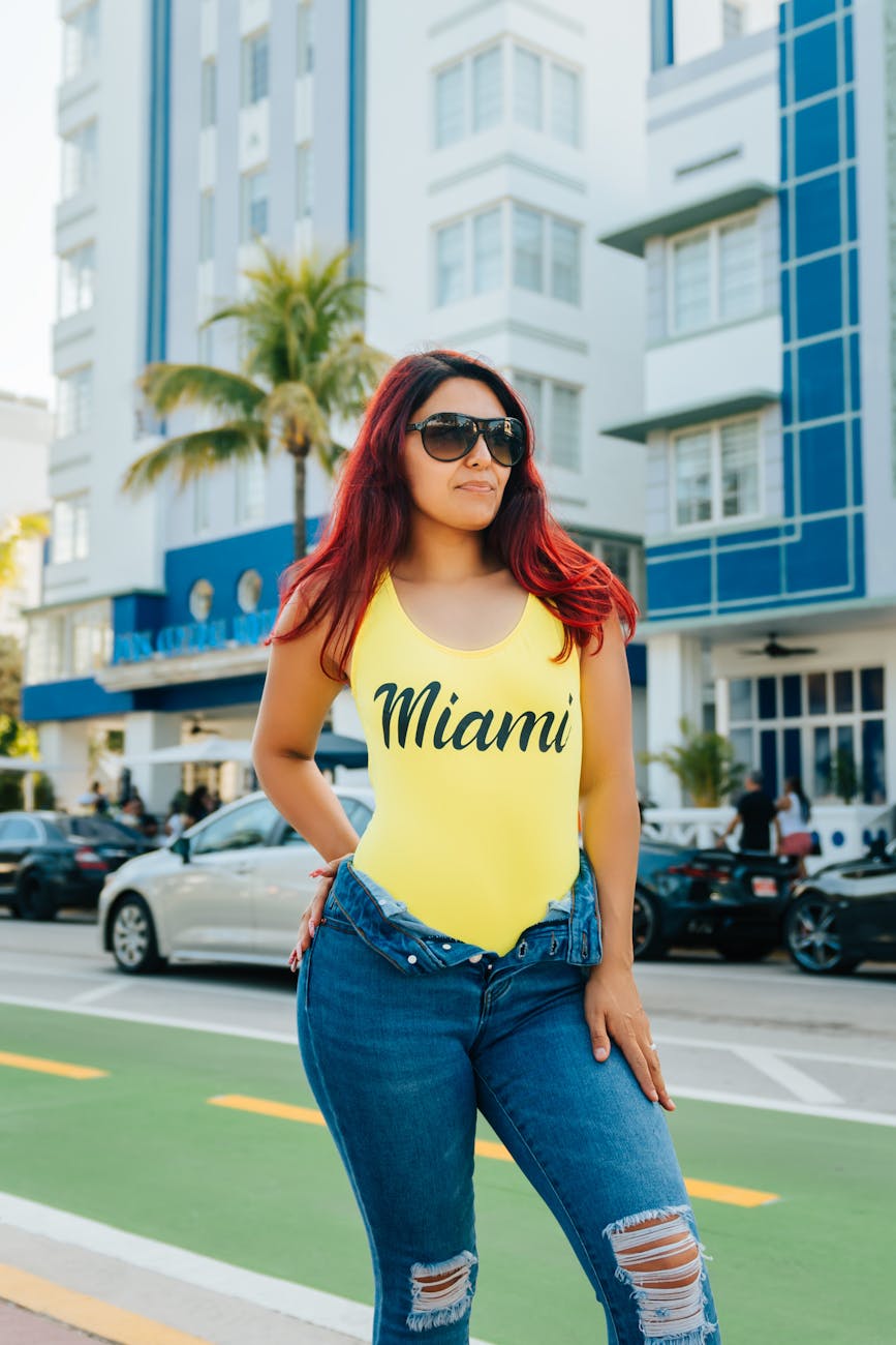 woman in swimsuit and jeans on streets of miami
