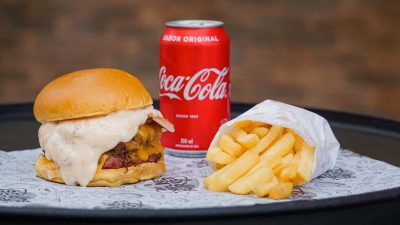 close up shot of a burger and fries