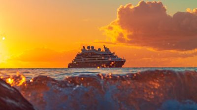ferry ship on sea during dusk