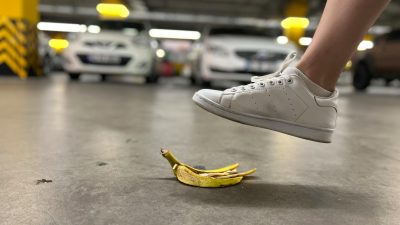 person stepping on banana
