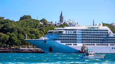 luxurious ferry in city harbor