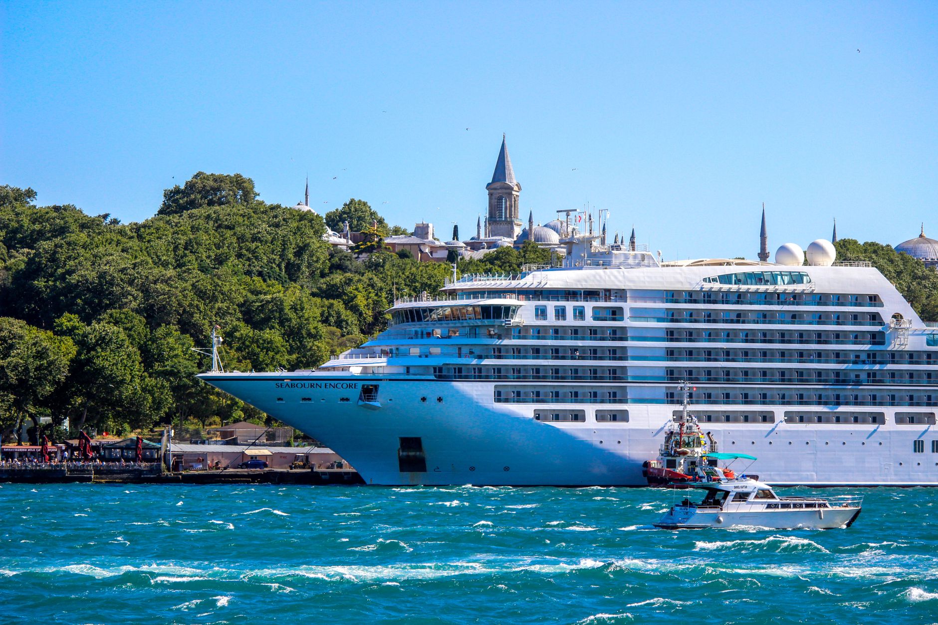 luxurious ferry in city harbor