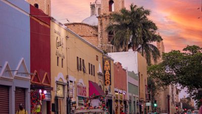 view of the merida church towers from the street