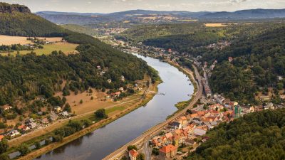 aerial view of konigstein town on the river elbe in saxony in germany
