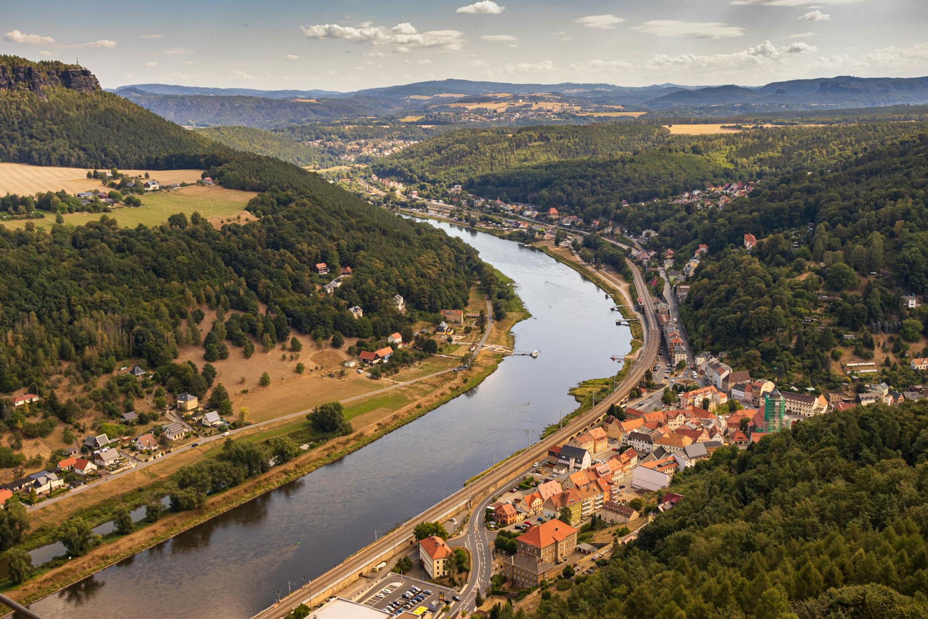 aerial view of konigstein town on the river elbe in saxony in germany