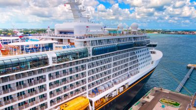 high angle shot of a cruise ship on the pier
