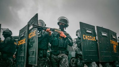 army with weapons and shields