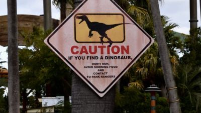 a warning sign attached to a tree trunk in a park
