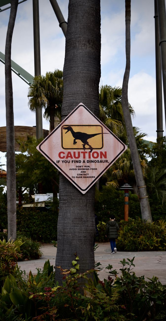 a warning sign attached to a tree trunk in a park