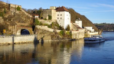a building by a river