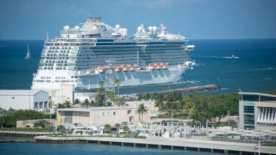 a large cruise ship in a harbor