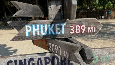 directional signs on a beach