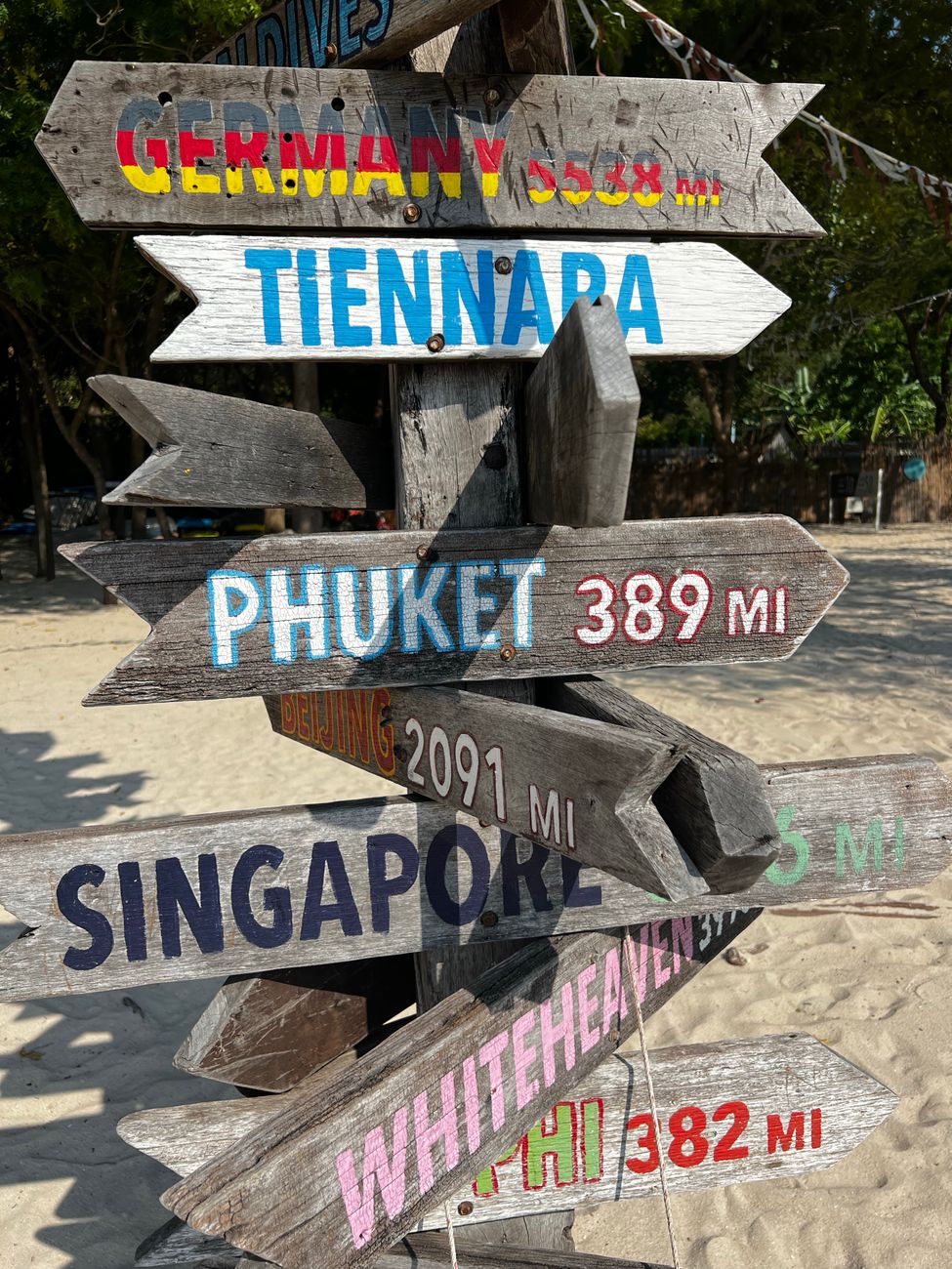 directional signs on a beach