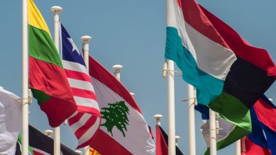 flags of different countries on white flagpoles