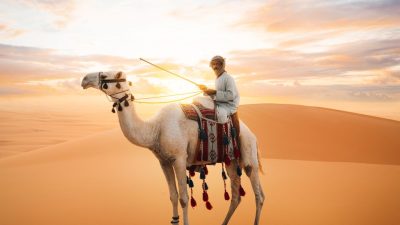 man travel through dessert on camel