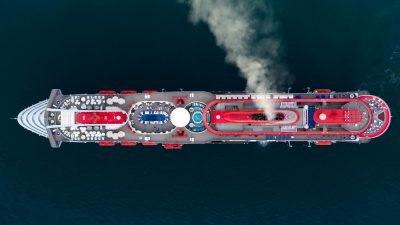 cruise ship in birds eye view