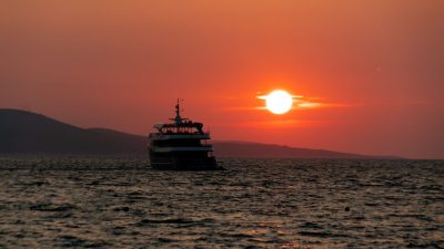ferry at sunset