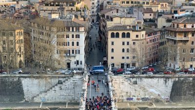 aerial view of people walking on the ponte sant angelo in rome italy