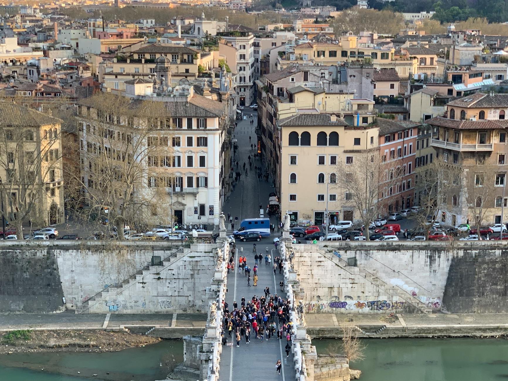 aerial view of people walking on the ponte sant angelo in rome italy