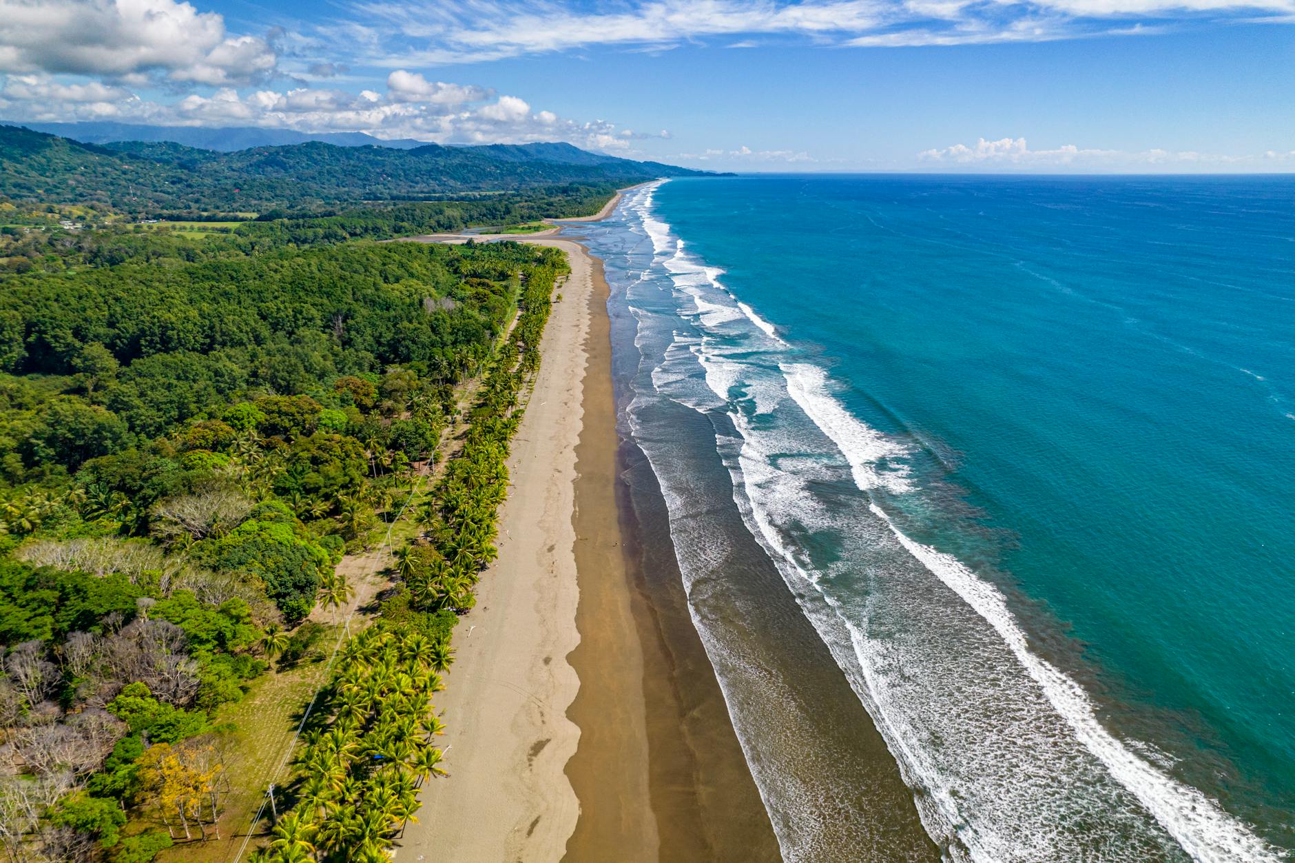 aerial view of waves washing up the beach