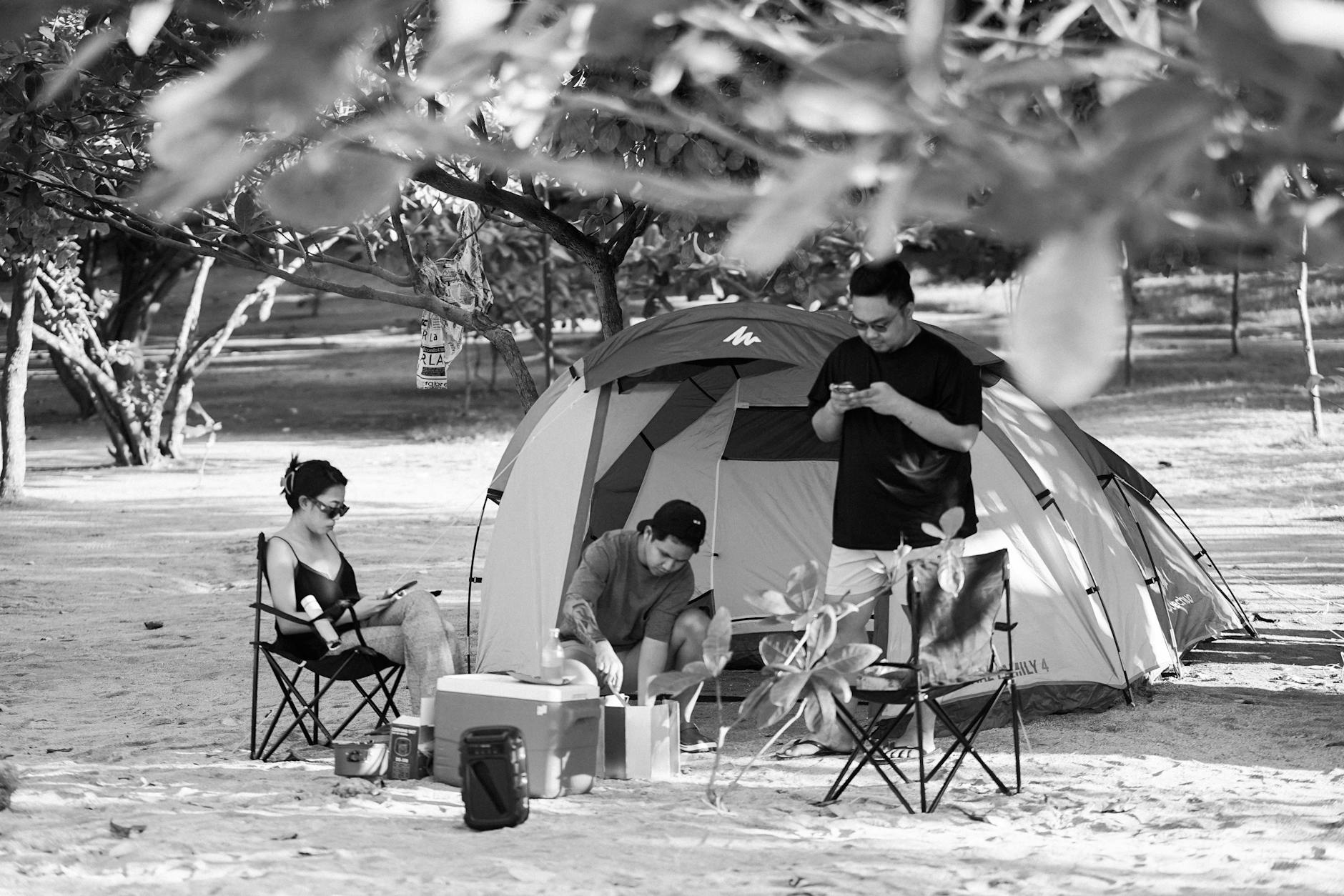 tourists in front of the tent