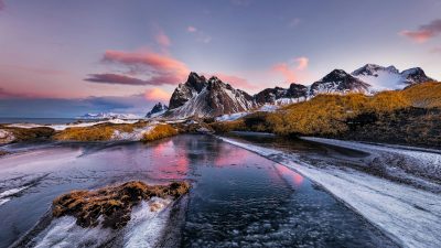 mountains on sea coast in winter
