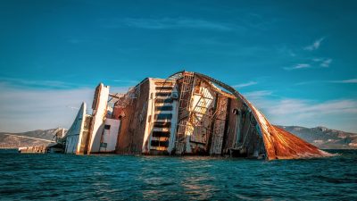 white and black sunken ship