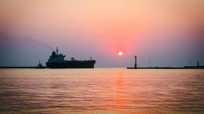 ship in port at dusk