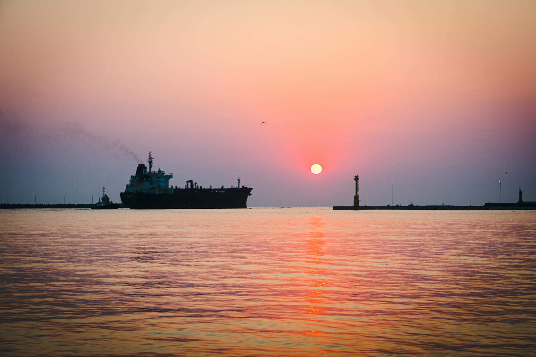 ship in port at dusk