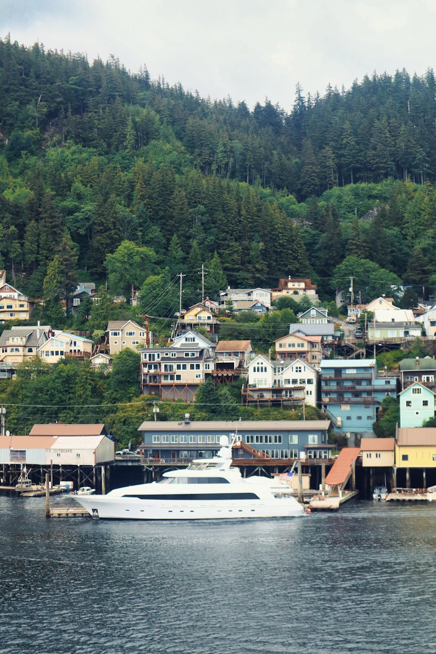 motor yacht in town by lake