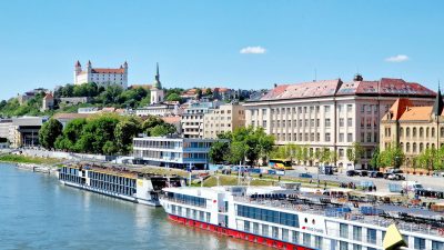 buildings around river in bratislava in slovakia