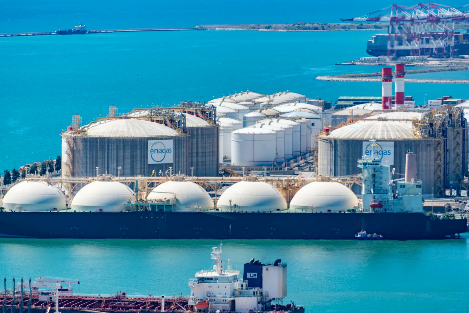 aerial view of a gas tanker anchored in a gas terminal