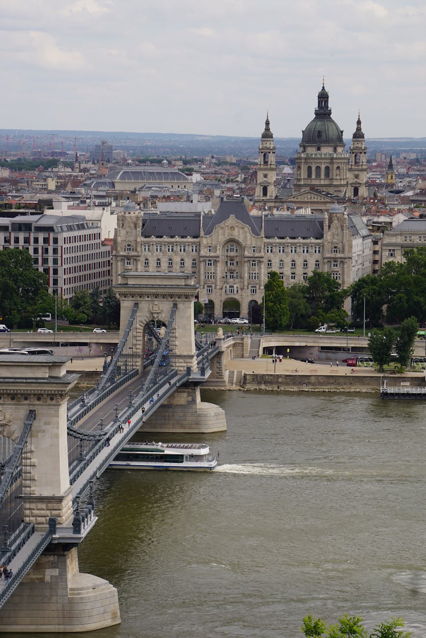 gresham palace and saint stephens basilica by the szechenyi chain bridge in budapest