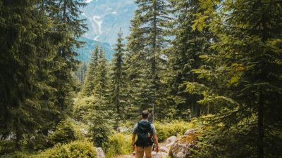 man walking on trail between trees