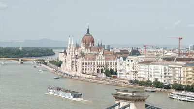 aerial view of the danube and the hungarian parliament building