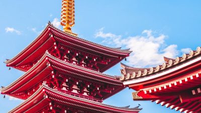 close up of red wooden temple