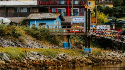 a house is on a dock next to a body of water