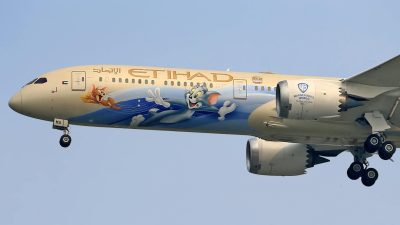a large airplane with a cartoon design on it