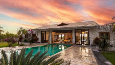 luxury stone villa with stunning sunset view