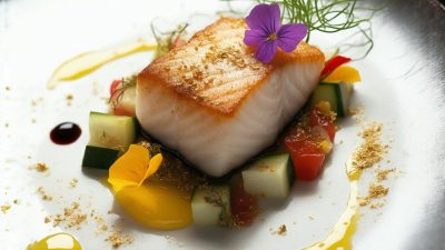 gourmet plated salmon dish with vegetables