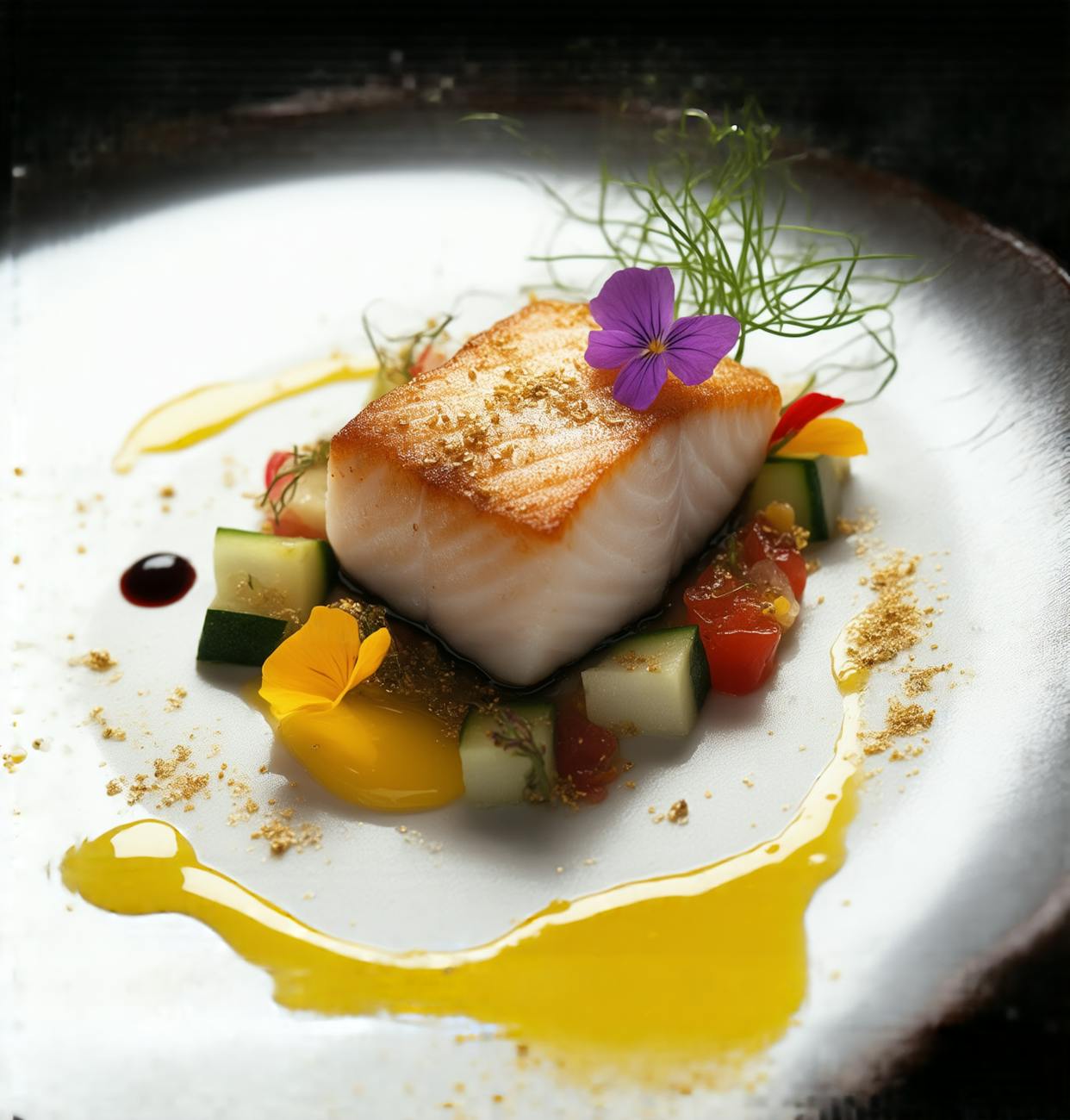 gourmet plated salmon dish with vegetables