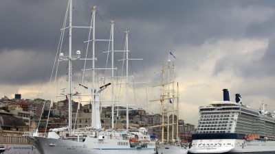 luxury cruise ships docked at urban harbor