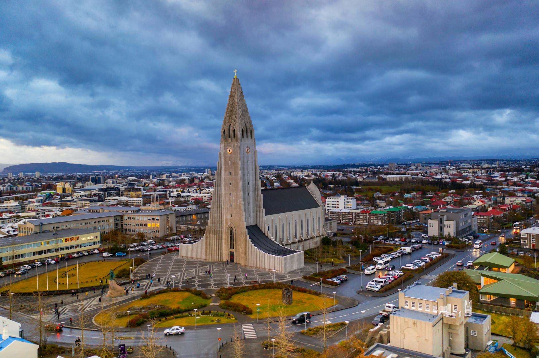 aerial view of hallgrimskirkja in reykjavik iceland