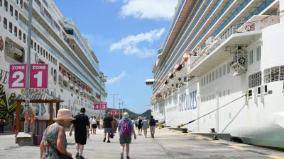 vibrant cruise port scene with tourists