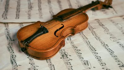 vintage violin on sheet music close up