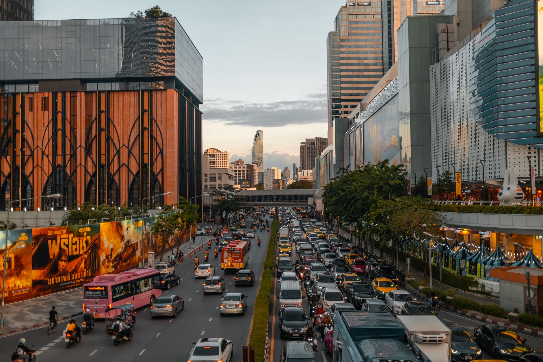 busy bangkok street scene at dusk