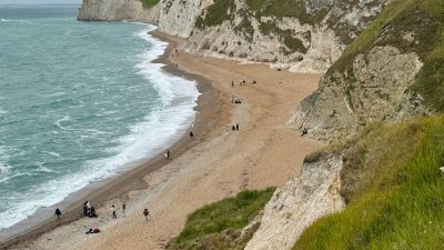 scenic view of durdle door beach and cliffs
